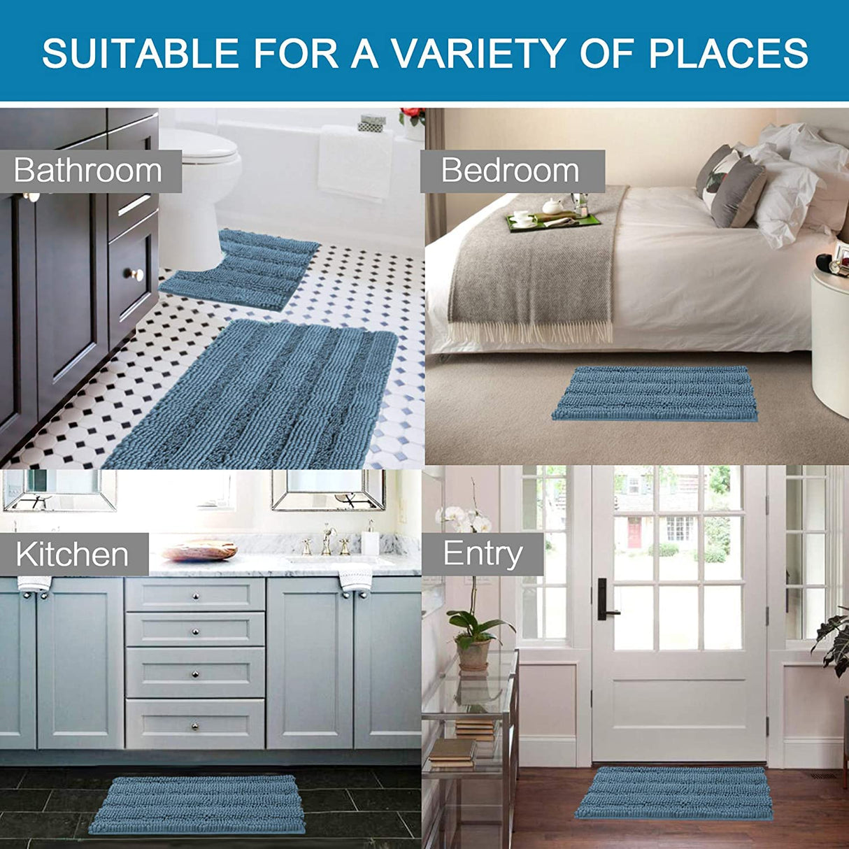 PrimeBeau 3 Piece Thick Striped Bathroom Rugs Set Non Slip Absorbent Soft Bath Mat (17''x24''+20''x32''+20''x24'' U-Shaped)