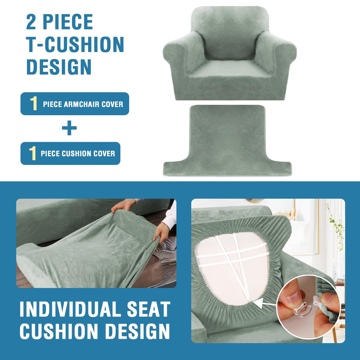 PrimeBeau 2 Piece Armchair Slipcovers Thick Velvet Couch Cover Furniture Protector Stretch Sofa Covers for 1 Cushion Couch with 1 Individual T Cushion Covers Washable