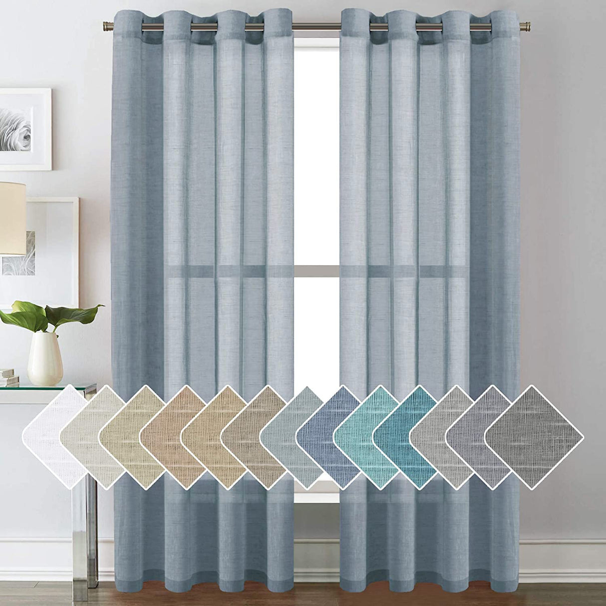 PrimeBeau Faux Linen Grommet Sheer Curtains - Set of 2 Panels 52 Series Long