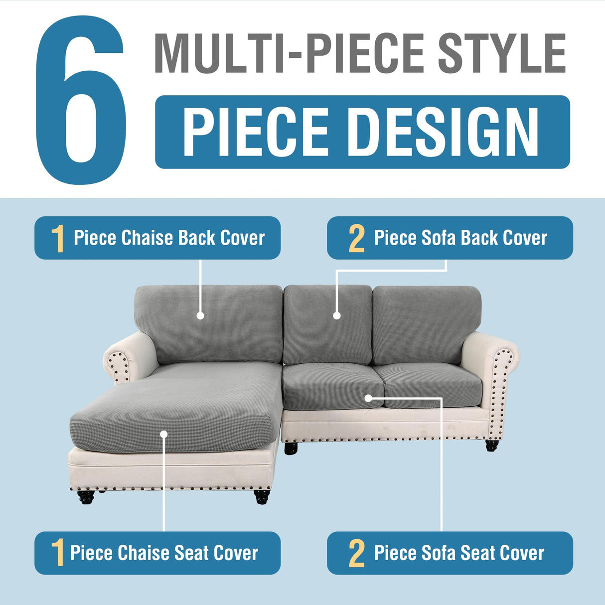 PrimeBeau 2024 New Sectional Couch Covers 6 Pieces Stretch Sofa Cover for Sectional Sofa Set Separate L Shaped Couch Cover for Both Left/Right Couch (Seat and Back: 1 Chaise for Loveseat)