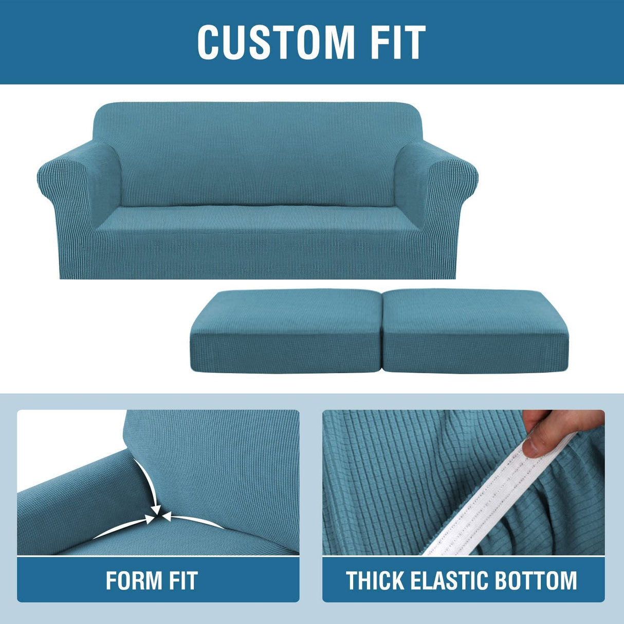 H.VERSAILTEX 3 Piece Stretch Sofa Covers for 2 Cushion Sofa Couch Covers for Living Room Furniture Cover (Base Cover Plus 2 Seat Cushion Covers) Thicker Jacquard Fabric(Large Sofa, Storm Blue)