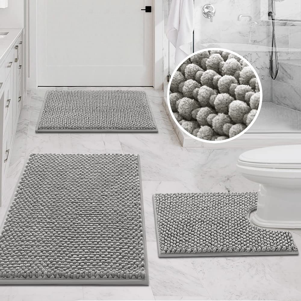 PrimeBeau 3-Piece Aqua Foam Bathroom Rugs Set | Non-Slip, Extra Absorbent Bath Mats for Tub & Shower | Soft Chenille, Vibrant Decor & Easy Care | 17''x24''+20''x32''+20''x24'' U-Shaped