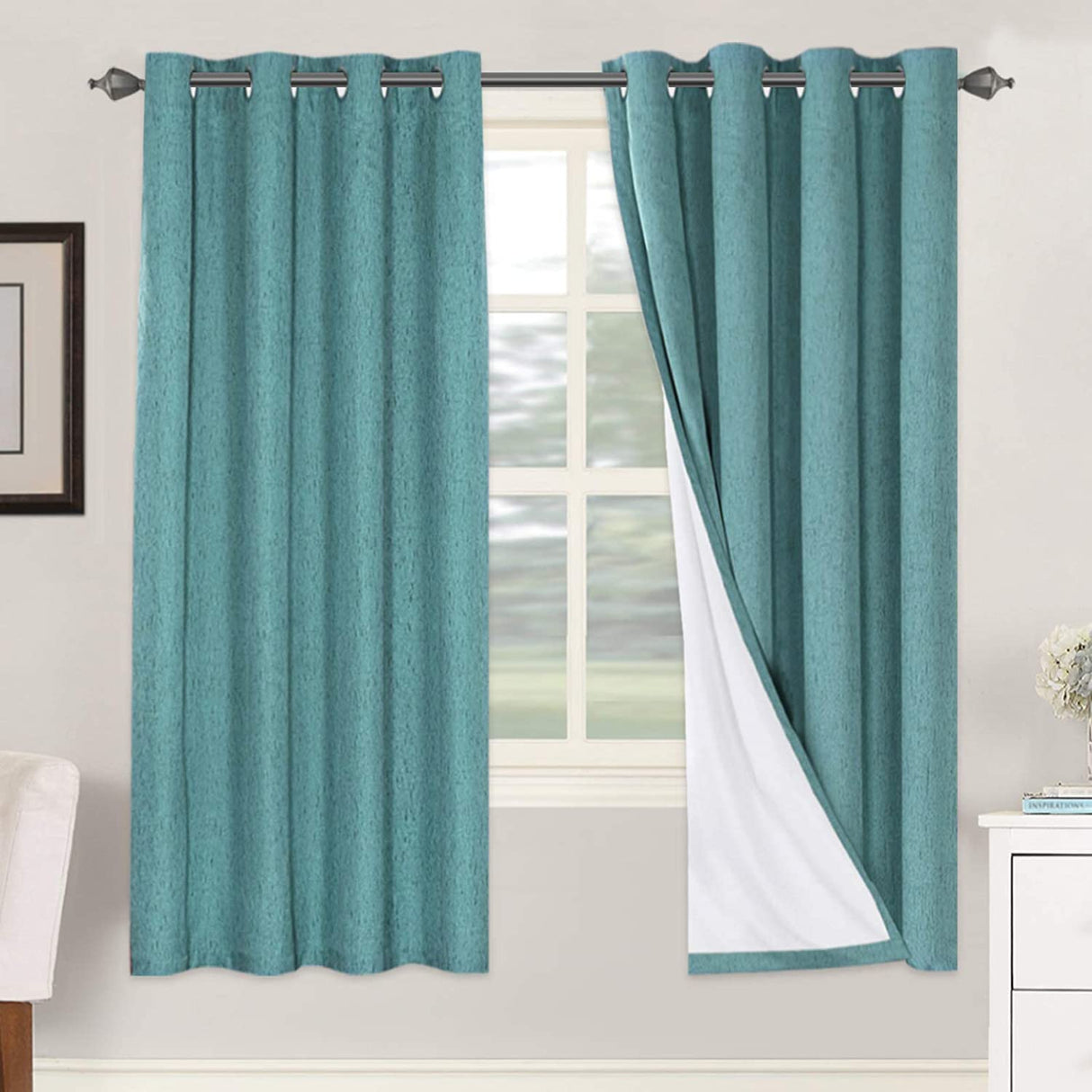 H.VERSAILTEX Linen Blackout Curtains 72 Inches Long 100% Absolutely Blackout Thermal Insulated Textured Linen Look Curtain Draperies Anti-Rust Grommet, Energy Saving with White Liner, 2 Panels, Teal