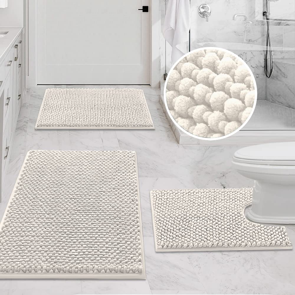 PrimeBeau 3-Piece Aqua Foam Bathroom Rugs Set | Non-Slip, Extra Absorbent Bath Mats for Tub & Shower | Soft Chenille, Vibrant Decor & Easy Care | 17''x24''+20''x32''+20''x24'' U-Shaped