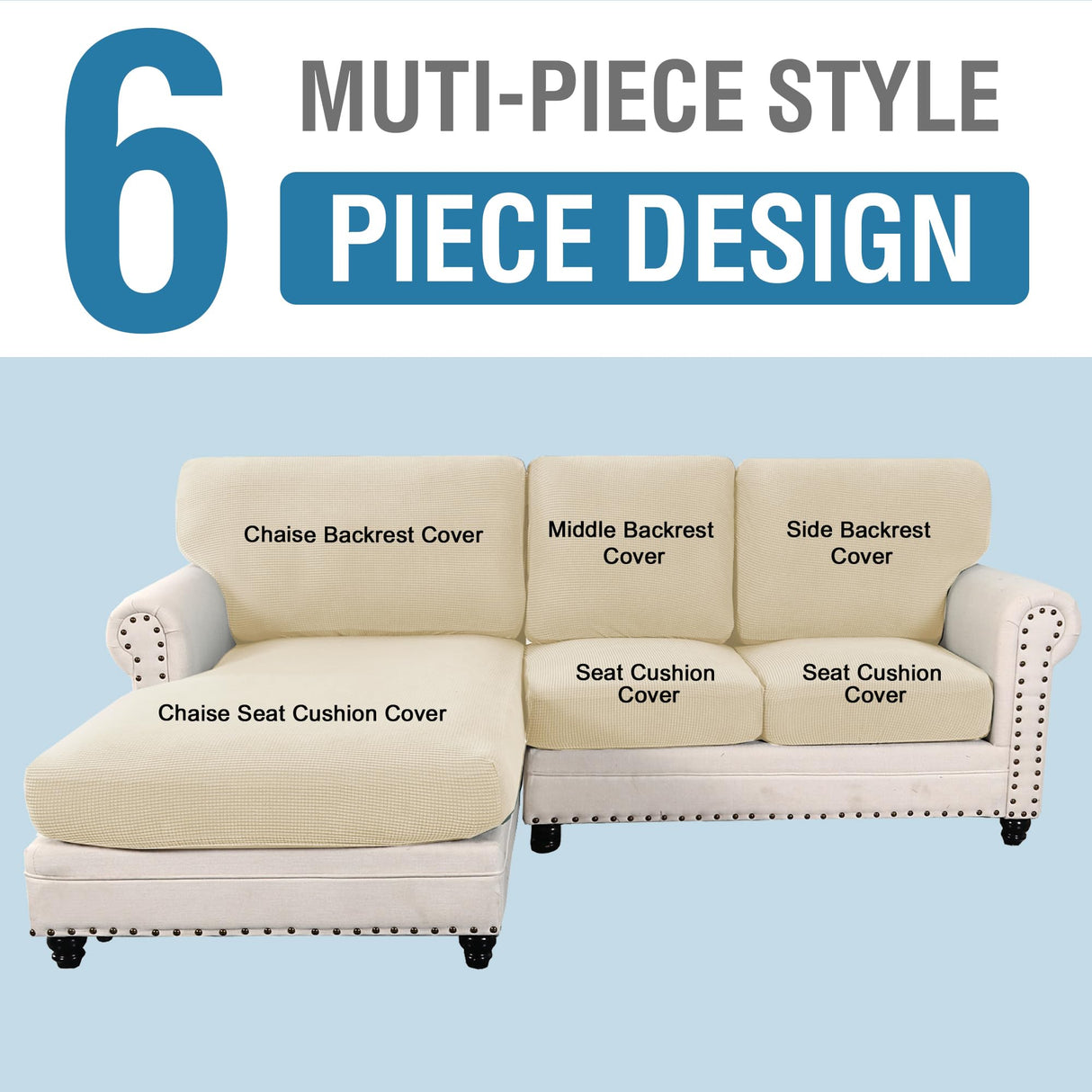 PrimeBeau 2024 New Sectional Couch Covers 6 Pieces Stretch Sofa Cover for Sectional Sofa Set Separate L Shaped Couch Cover for Both Left/Right Couch (Seat and Back: 1 Chaise for Loveseat)