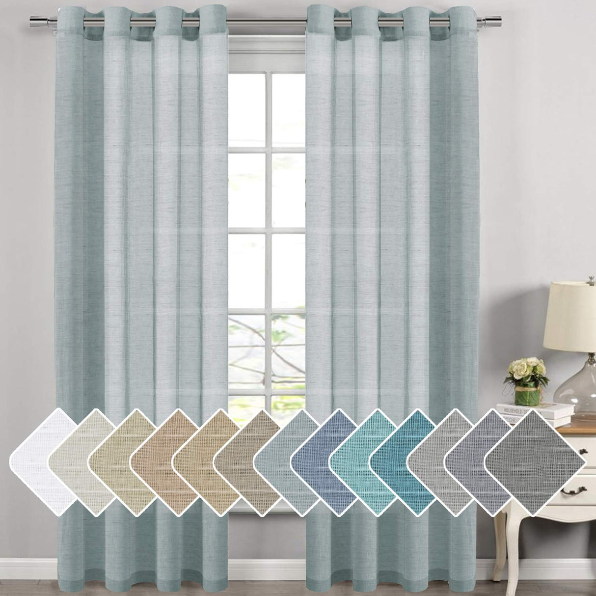 PrimeBeau Faux Linen Grommet Sheer Curtains - Set of 2 Panels 52 Series Long
