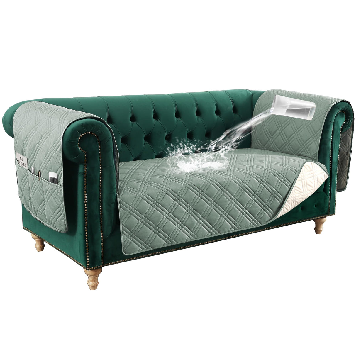 PrimeBeau 100% Waterproof Loveseat Couch Covers Traditional Chesterfield Sofa Covers with Extra Long Armrest Cover Waterproof and Washable Thick Couch Cover for Dogs (1 Piece)