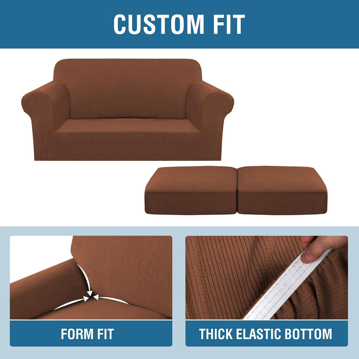 H.VERSAILTEX 3 Piece Stretch Sofa Covers for 2 Cushion Loveseat Couch Covers for Living Room Furniture Cover (Base Cover Plus 2 Seat Cushion Covers) Thicker Jacquard Fabric(Medium Sofa, Caramel)