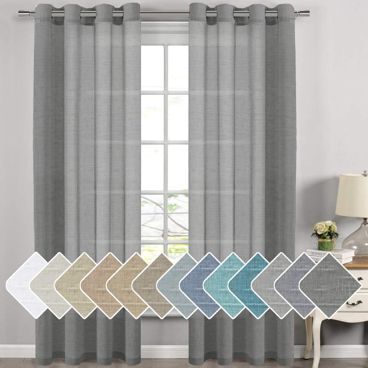 PrimeBeau Faux Linen Grommet Sheer Curtains - Set of 2 Panels 52 Series Long