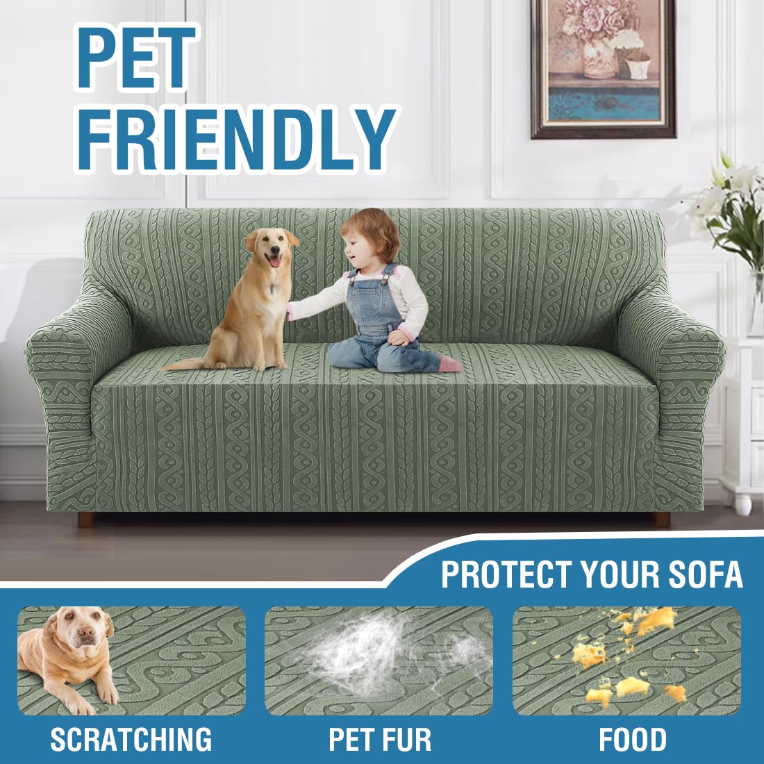 PrimeBeau Spiral Jacquard Couch Covers for 3 Cushion Couch - Set of 5 | Anti-Slip Furniture Protector