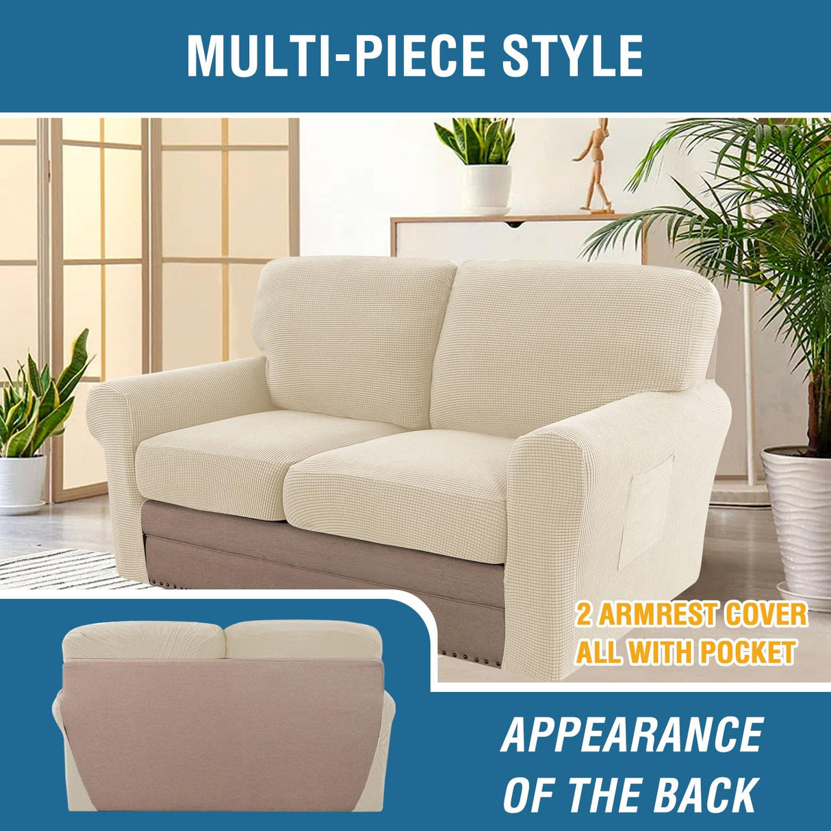 PrimeBeau 2024 New Trend Multi-Pieces Sofa Covers Stretch Couch Covers Form Fitted Seats and Back Cushions Covers (2 Seat Covers Plus 2 Back Cusion Covers, Bonus 2 Armrest Covers)