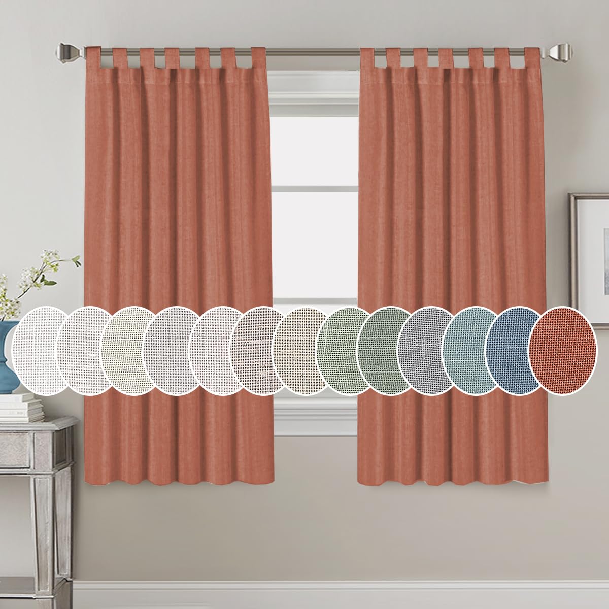 PrimeBeau Natural Linen Mix Tab Top Curtains, Light Filtering Panels (Set of 2)