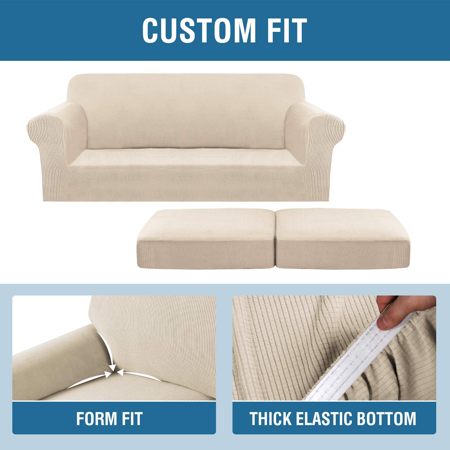 H.VERSAILTEX 3 Piece Stretch Sofa Covers for 2 Cushion Sofa Couch Covers for Living Room Sofa Slipcovers (Base Cover Plus 2 Seat Cushion Covers) Thicker Jacquard Fabric(Large Sofa, Natural)