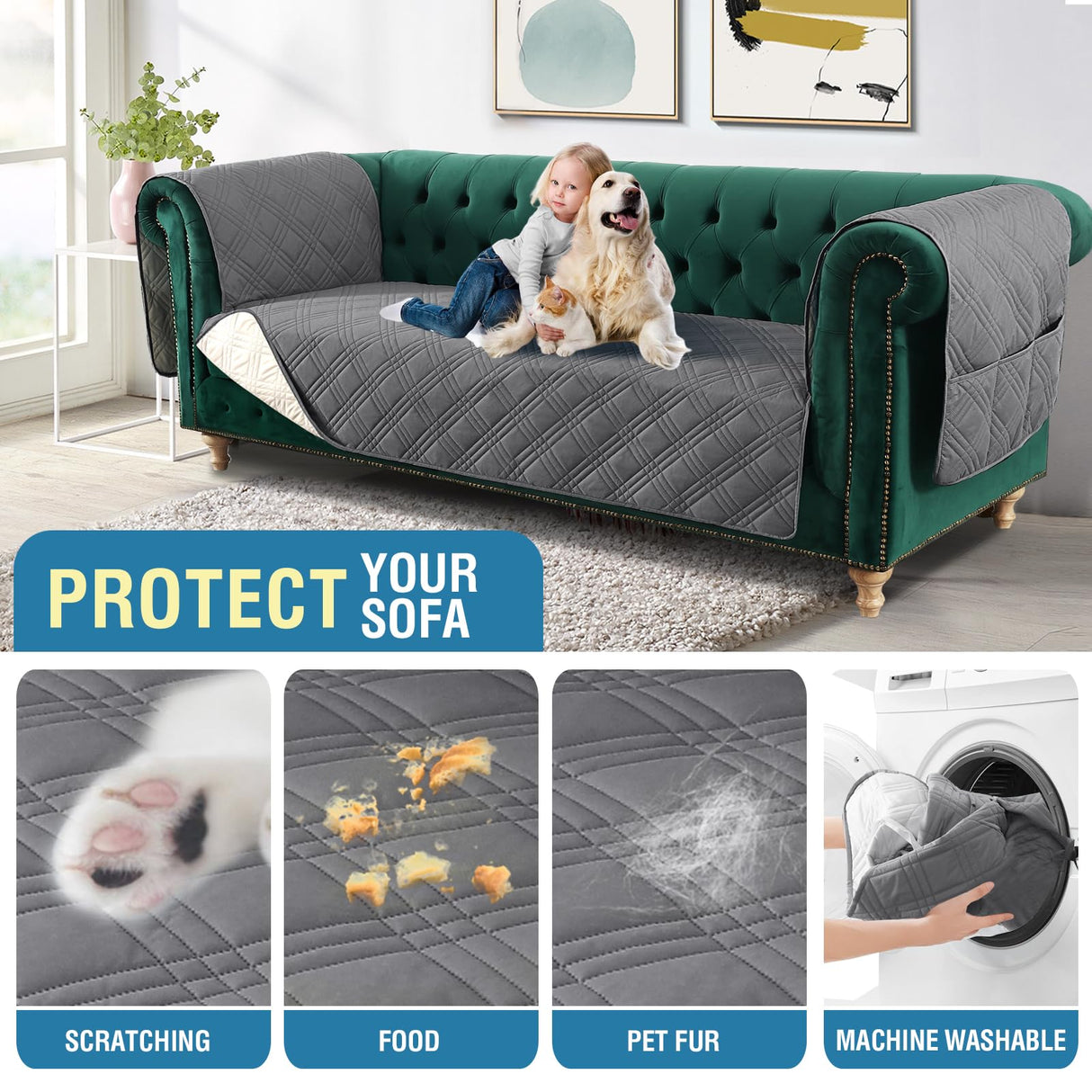 PrimeBeau 100% Waterproof Sofa & Oversize Sofa Covers Traditional Chesterfield Sofa Covers with Extra Long Armrest Cover Waterproof and Washable Thick Couch Cover for Dogs (1 Piece)