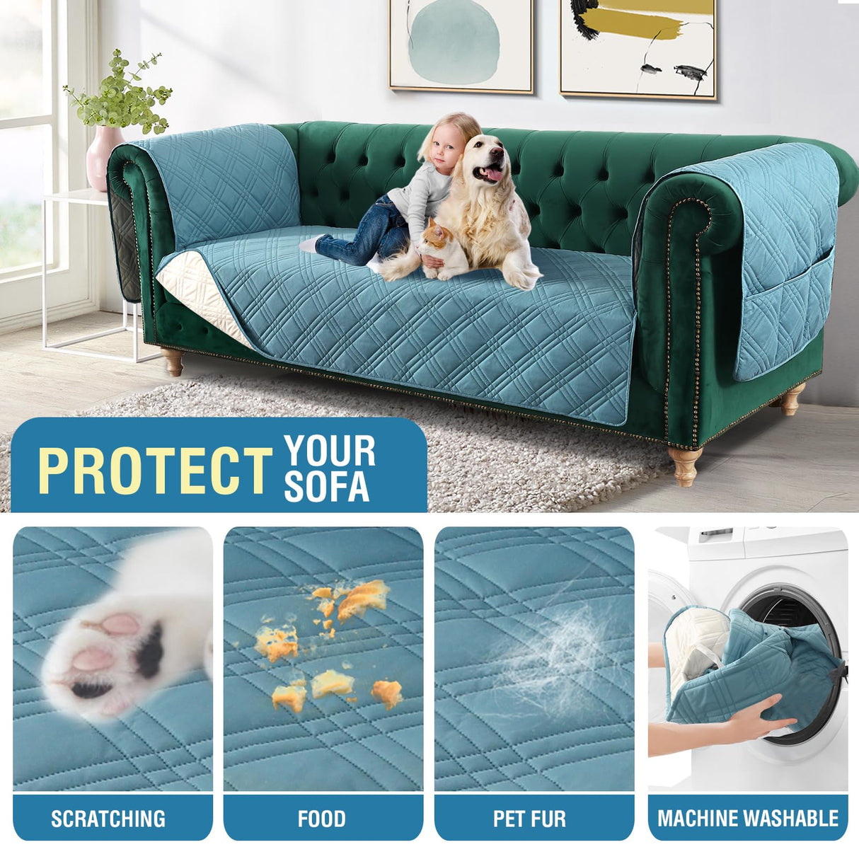 PrimeBeau 100% Waterproof Sofa & Oversize Sofa Covers Traditional Chesterfield Sofa Covers with Extra Long Armrest Cover Waterproof and Washable Thick Couch Cover for Dogs (1 Piece)