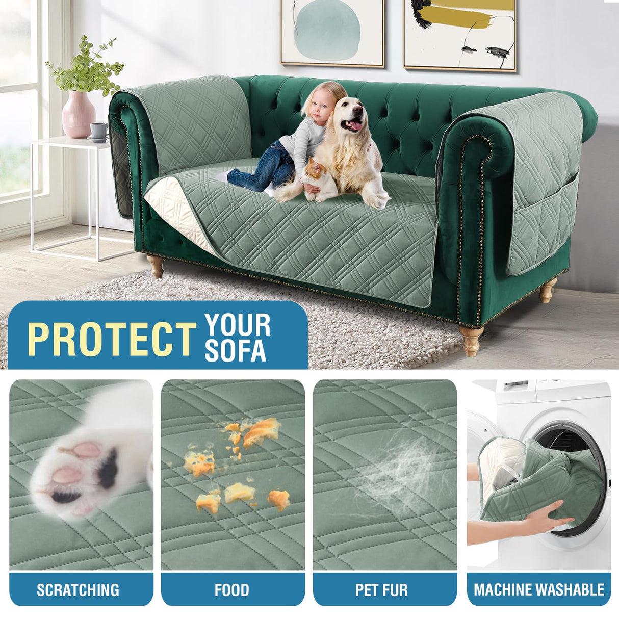 PrimeBeau 100% Waterproof Loveseat Couch Covers Traditional Chesterfield Sofa Covers with Extra Long Armrest Cover Waterproof and Washable Thick Couch Cover for Dogs (1 Piece)