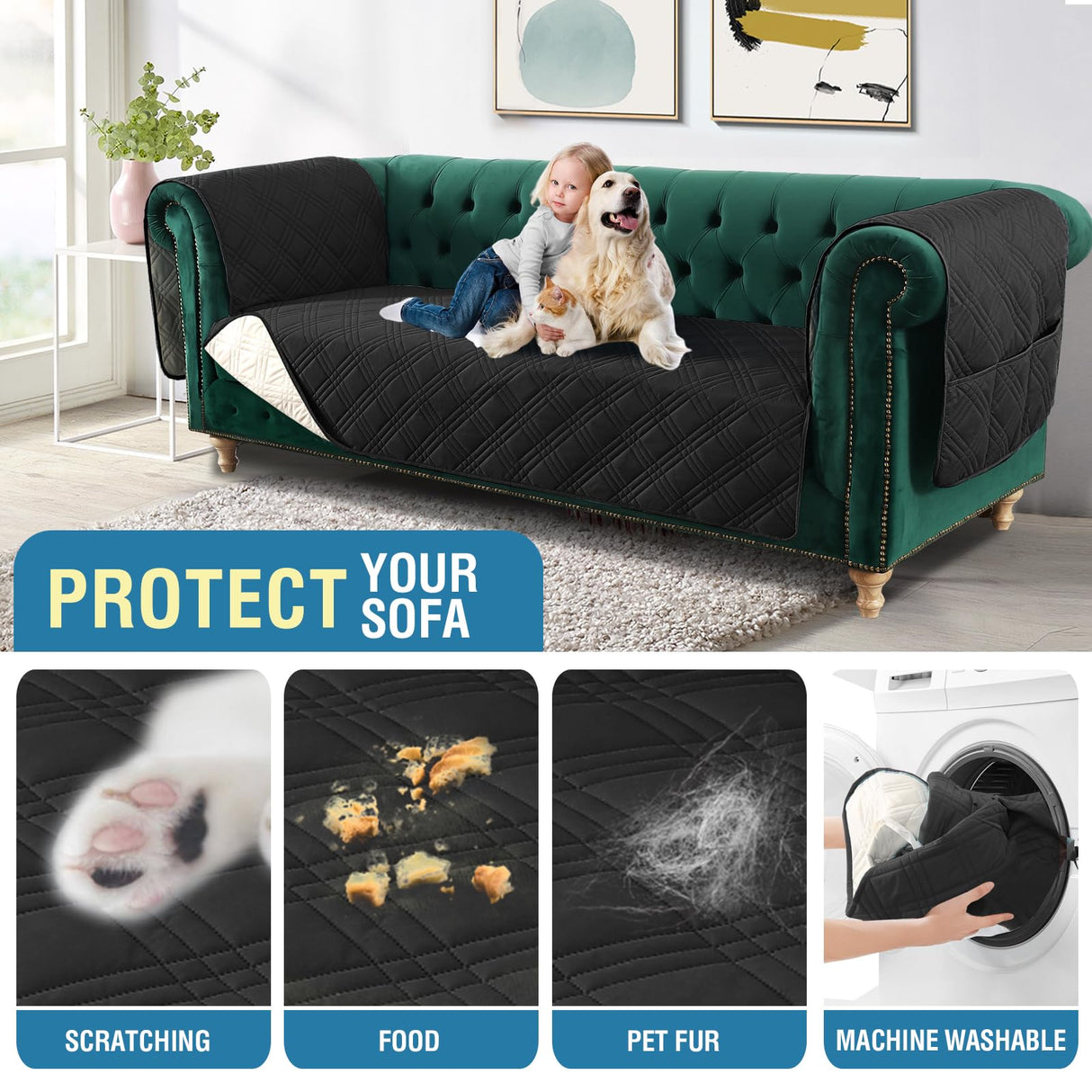 PrimeBeau 100% Waterproof Sofa & Oversize Sofa Covers Traditional Chesterfield Sofa Covers with Extra Long Armrest Cover Waterproof and Washable Thick Couch Cover for Dogs (1 Piece)