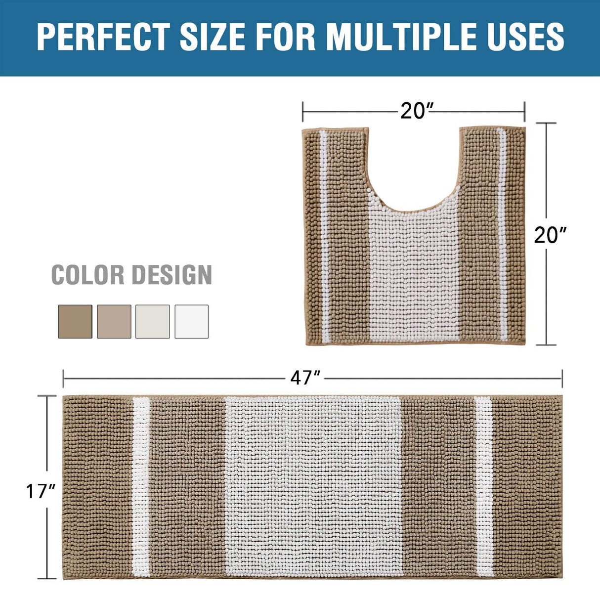 PrimeBeau Bath Rug Set 2 Piece for Bathroom Bath Mats Non Slip Bouncy Chenille Ombre Dyeing Bath Rugs Rectangle, Water Absorbent Striped Shag Mats