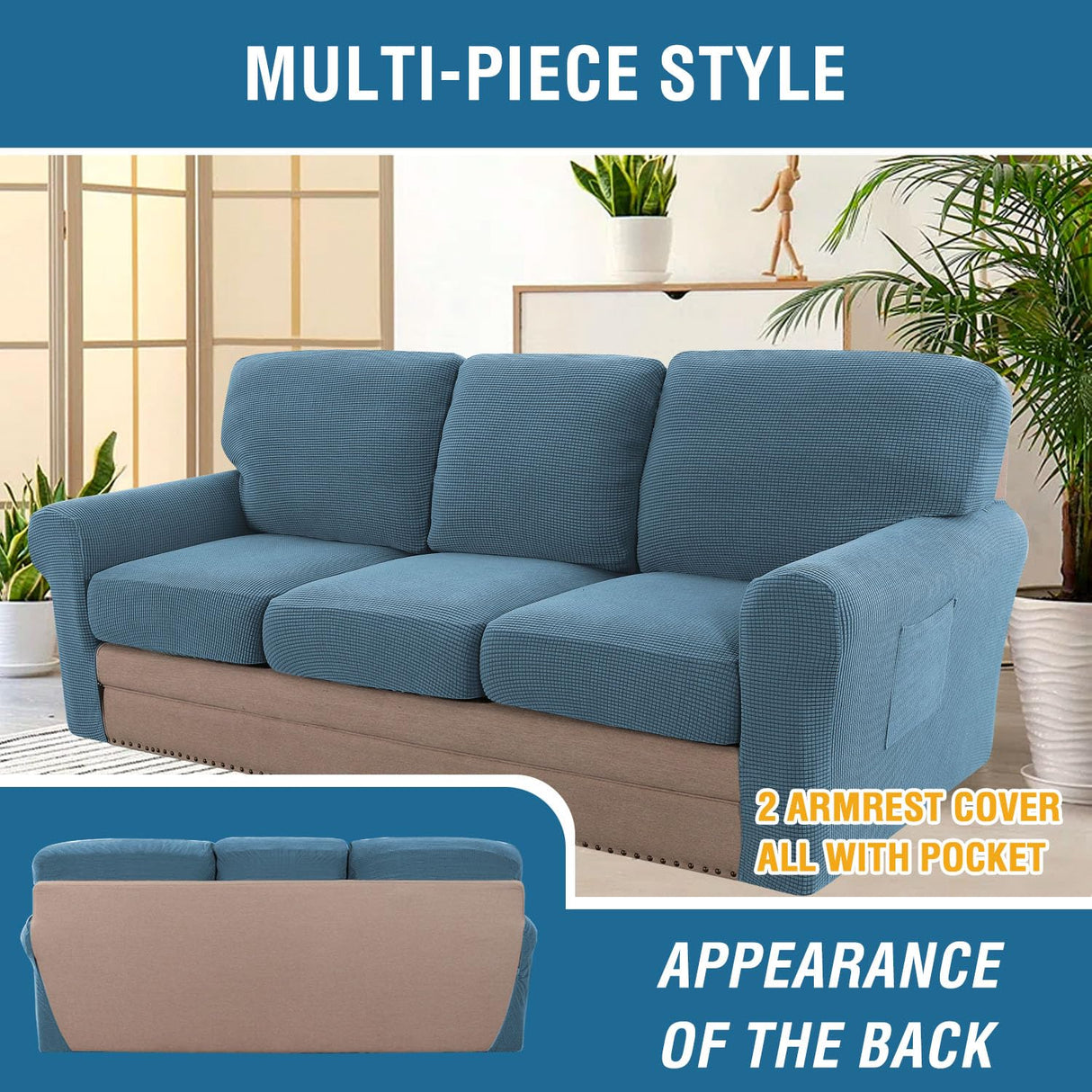 PrimeBeau 2024 New Trend Multi-Pieces Sofa Covers Stretch Couch Covers Form Fitted Seats and Back Cushions Covers (3 Seat Covers Plus 3 Back Cusion Covers, Bonus 2 Armrest Covers)