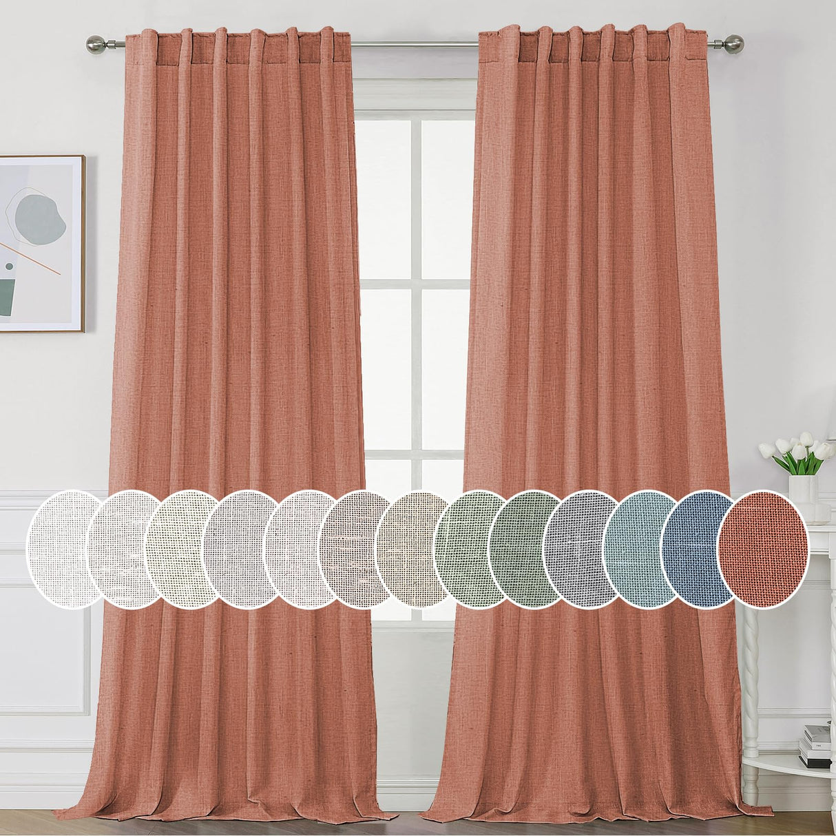 PrimeBeau Natural Linen Curtains 2 Panels Back Tab Loop Pocket Boho Sheer Curtain