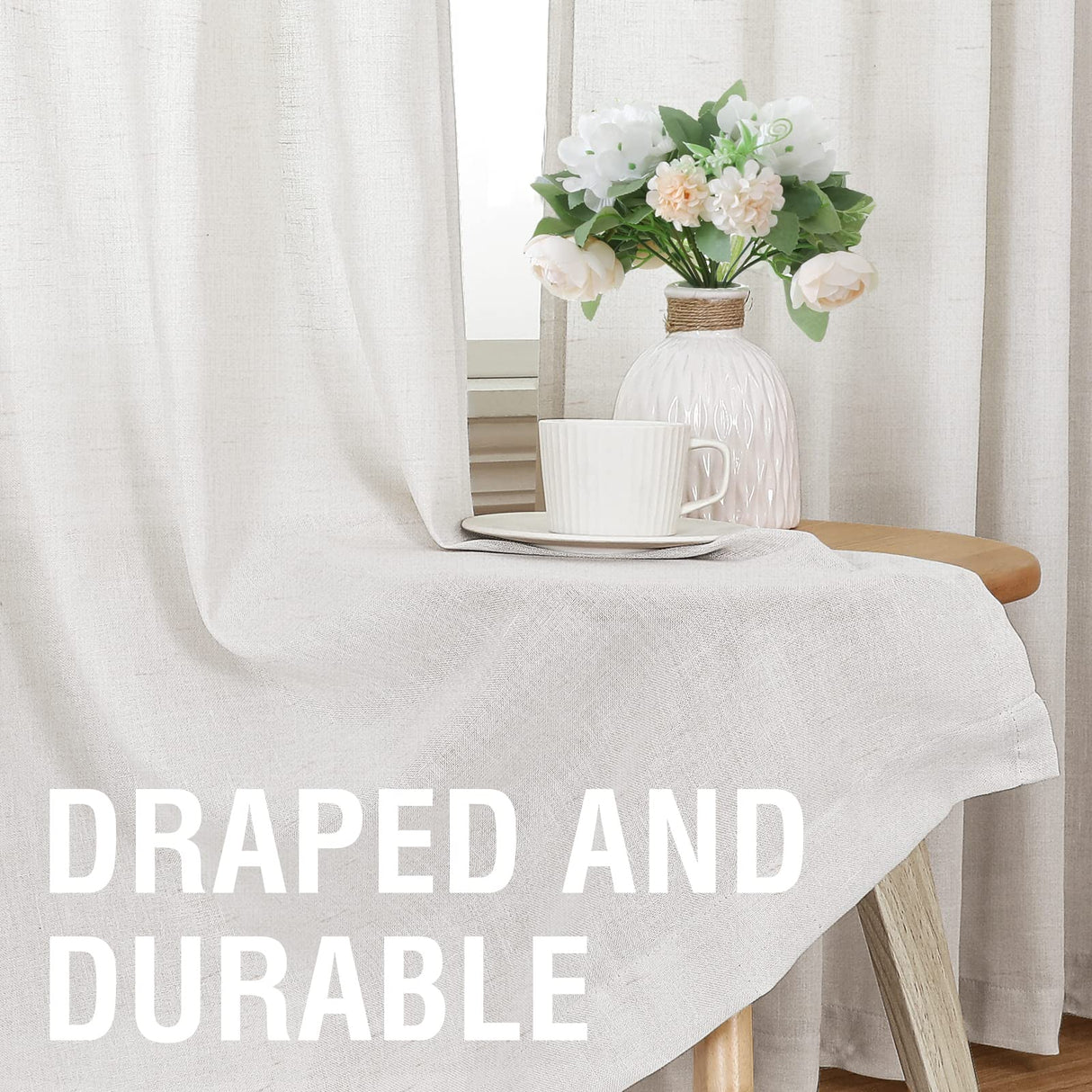 PrimeBeau Natural Linen Curtains 2 Panels Back Tab Loop Pocket Boho Sheer Curtain