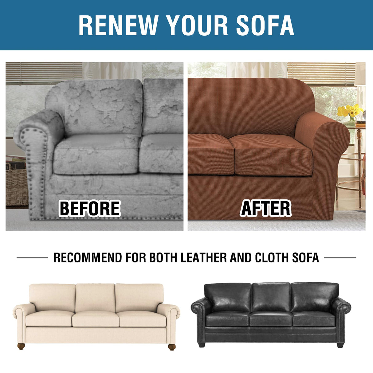 H.VERSAILTEX 4 Piece Stretch Sofa Covers for 3 Cushion Couch Covers for Living Room Furniture Slipcovers (Base Cover Plus 3 Seat Cushion Covers) Upgraded Thicker Jacquard Fabric (Sofa, Caramel)