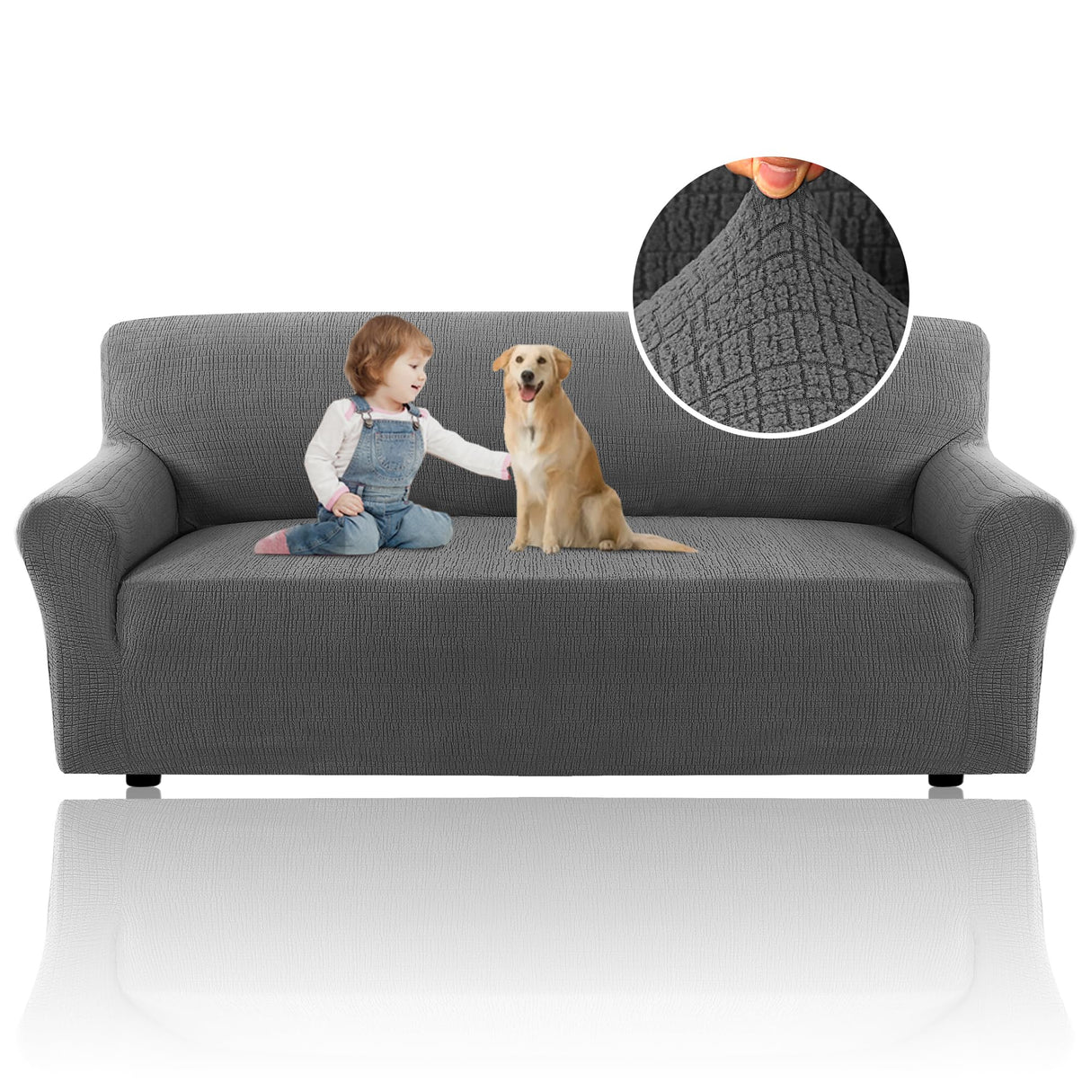 H.VERSAILTEX 2024 Newest Jacquard Couch Covers for 3 Cushion Couch 1 Piece Stretch Sofa Covers Furniture Protector Anti-Slip Soft Thickened Dogs Slipcovers Washable Crizzle Pattern(Sofa, Grey)