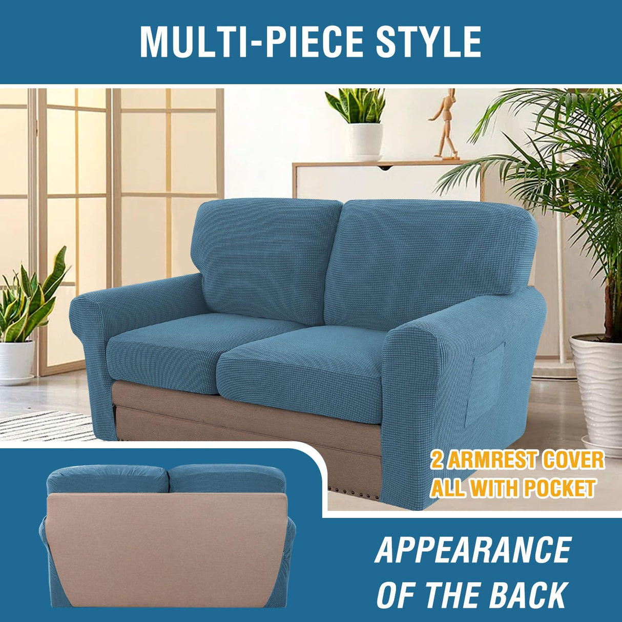 PrimeBeau 2024 New Trend Multi-Pieces Sofa Covers Stretch Couch Covers Form Fitted Seats and Back Cushions Covers (2 Seat Covers Plus 2 Back Cusion Covers, Bonus 2 Armrest Covers)