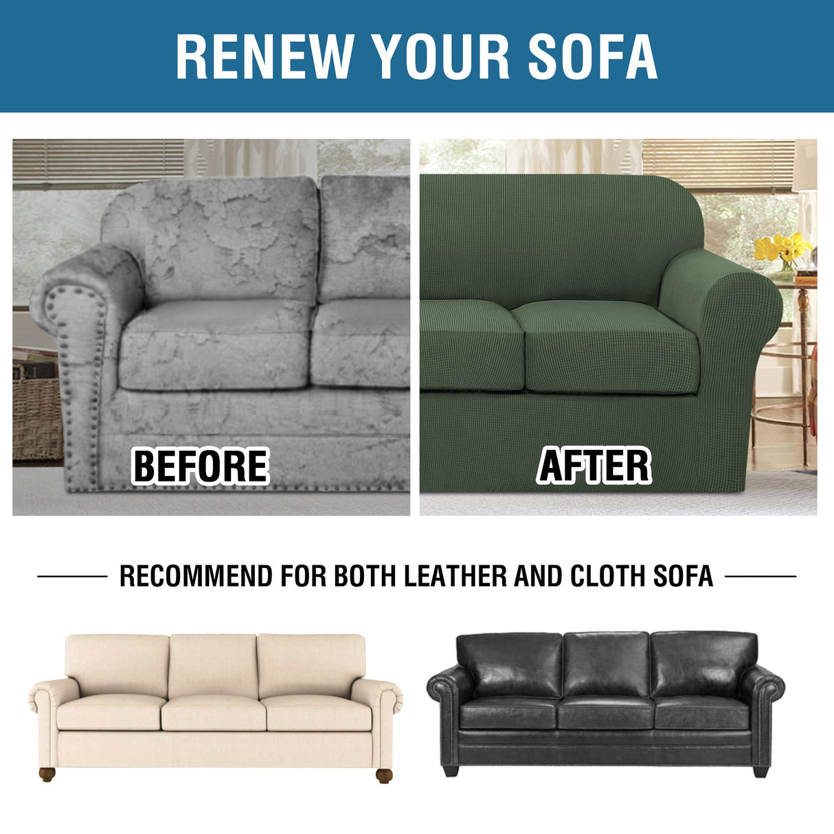 H.VERSAILTEX 4 Piece Stretch Sofa Covers for 3 Cushion Couch Covers for Living Room Furniture Slipcovers (Base Cover Plus 3 Seat Cushion Covers) Thicker Jacquard Fabric (XL Sofa, Bronze Green)