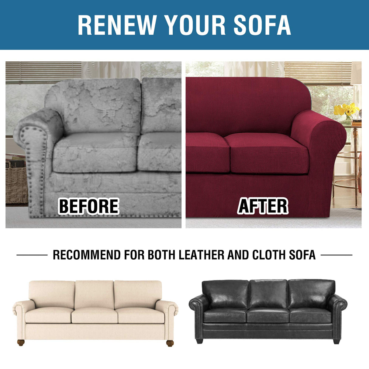 H.VERSAILTEX 4 Piece Stretch Sofa Covers for 3 Cushion Couch Covers for Living Room Furniture Slipcovers (Base Cover Plus 3 Seat Cushion Covers) Upgraded Thicker Jacquard Fabric (Sofa, Burgundy)