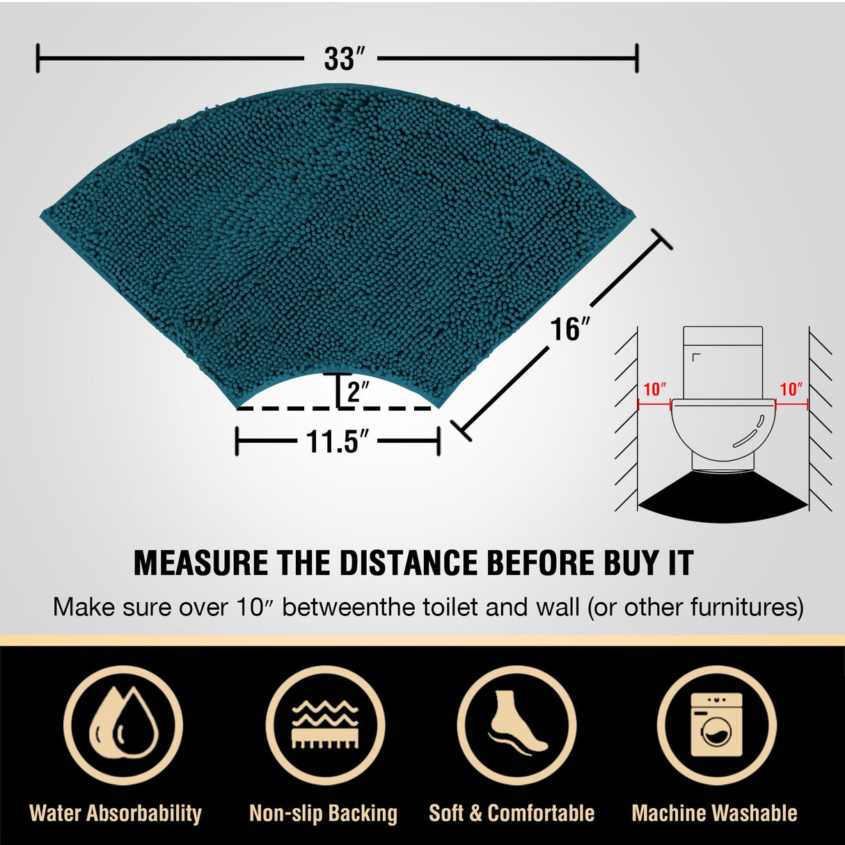 PrimeBeau Curved Bath Mat Luxury Chenille Extra Soft Absorbent Non Slip Quick Dry 16x33 (1 Piece)