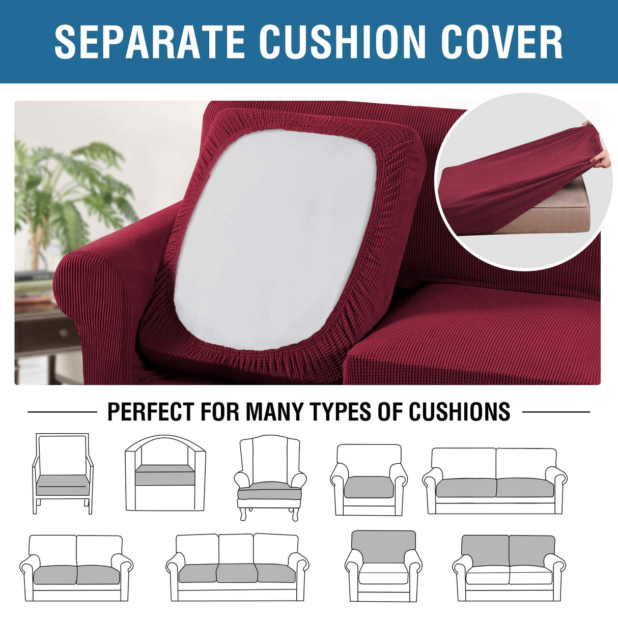 H.VERSAILTEX 4 Piece Stretch Sofa Covers for 3 Cushion Couch Covers for Living Room Furniture Slipcovers (Base Cover Plus 3 Seat Cushion Covers) Upgraded Thicker Jacquard Fabric (XL Sofa, Burgundy)