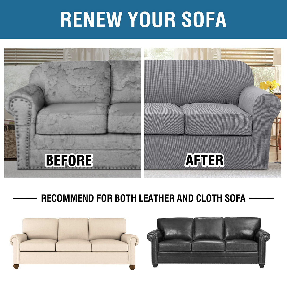 H.VERSAILTEX 4 Piece Stretch Sofa Covers for 3 Cushion Couch Covers for Living Room Furniture Slipcovers (Base Cover Plus 3 Seat Cushion Covers) Upgraded Thicker Jacquard Fabric (XL Sofa, Dove)