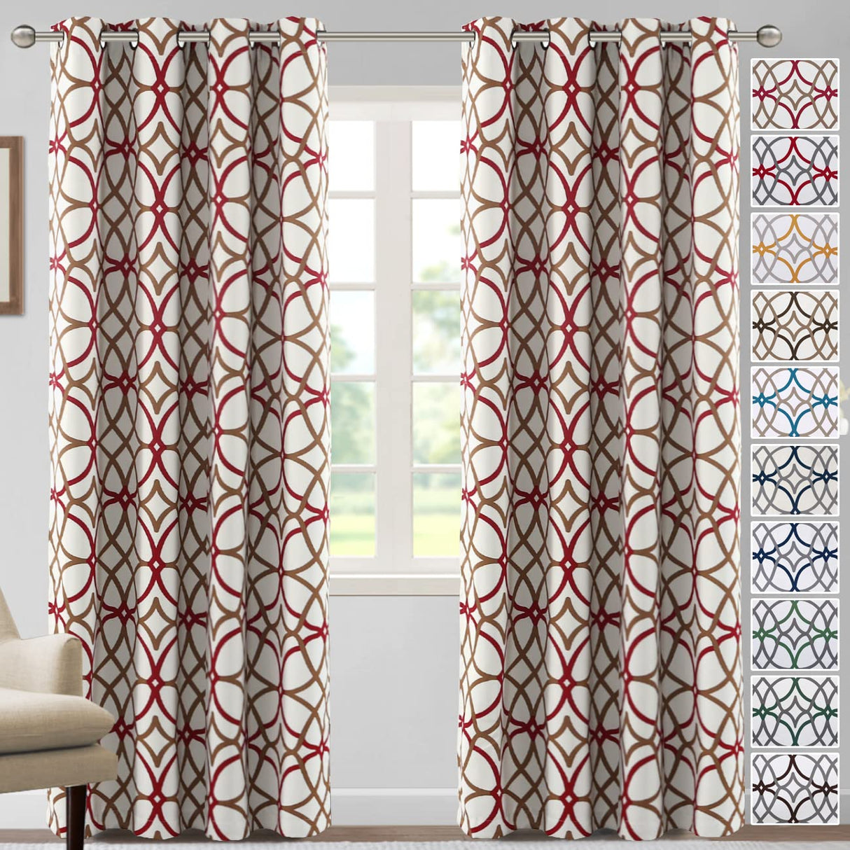 H.VERSAILTEX Blackout Curtains Printed Design for Bedroom 84 Inch Length Thermal Insulated Curtains for Living Room Modern Grommet Window Drapes 2 Panels Set, Taupe and Red