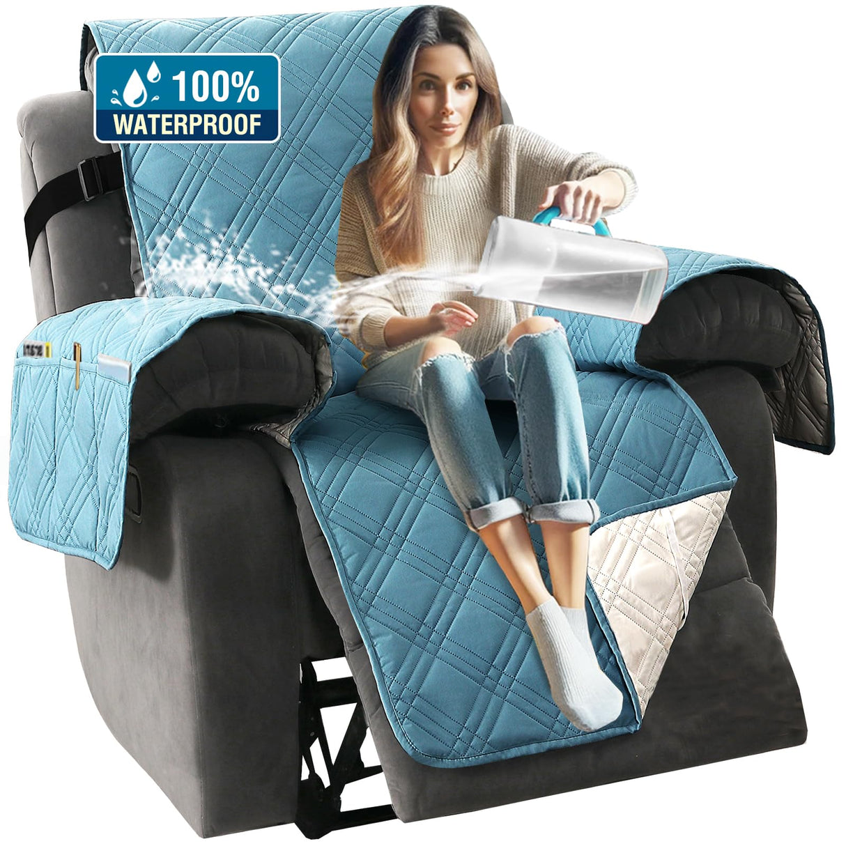 H.VERSAILTEX 100% Waterproof Recliner Covers for Recliner Chair 1-Piece Reversible Recliner Covers for Large Recliner with Elastic Straps Sitting Width Up to 28" (Oversized Recliner, Smoke Blue/Beige)