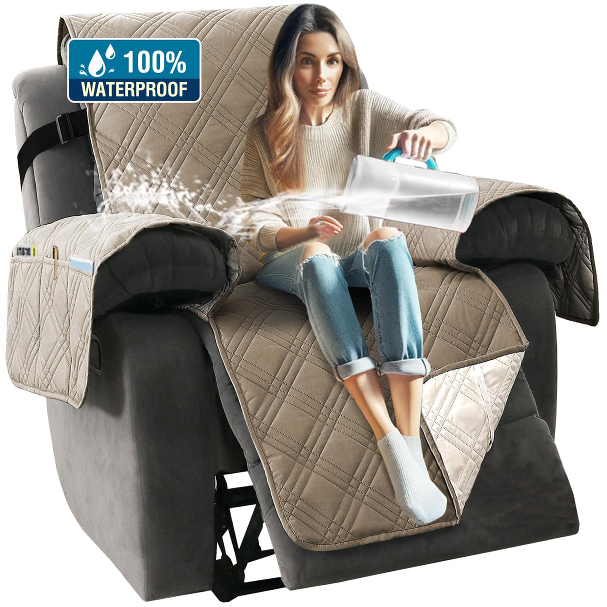 H.VERSAILTEX 100% Waterproof Cover for Recliner Chair 1-Piece Reversible Recliner Covers for Large Recliner with Elastic Straps Sitting Width Up to 28" (Oversized Recliner, Taupe/Beige)