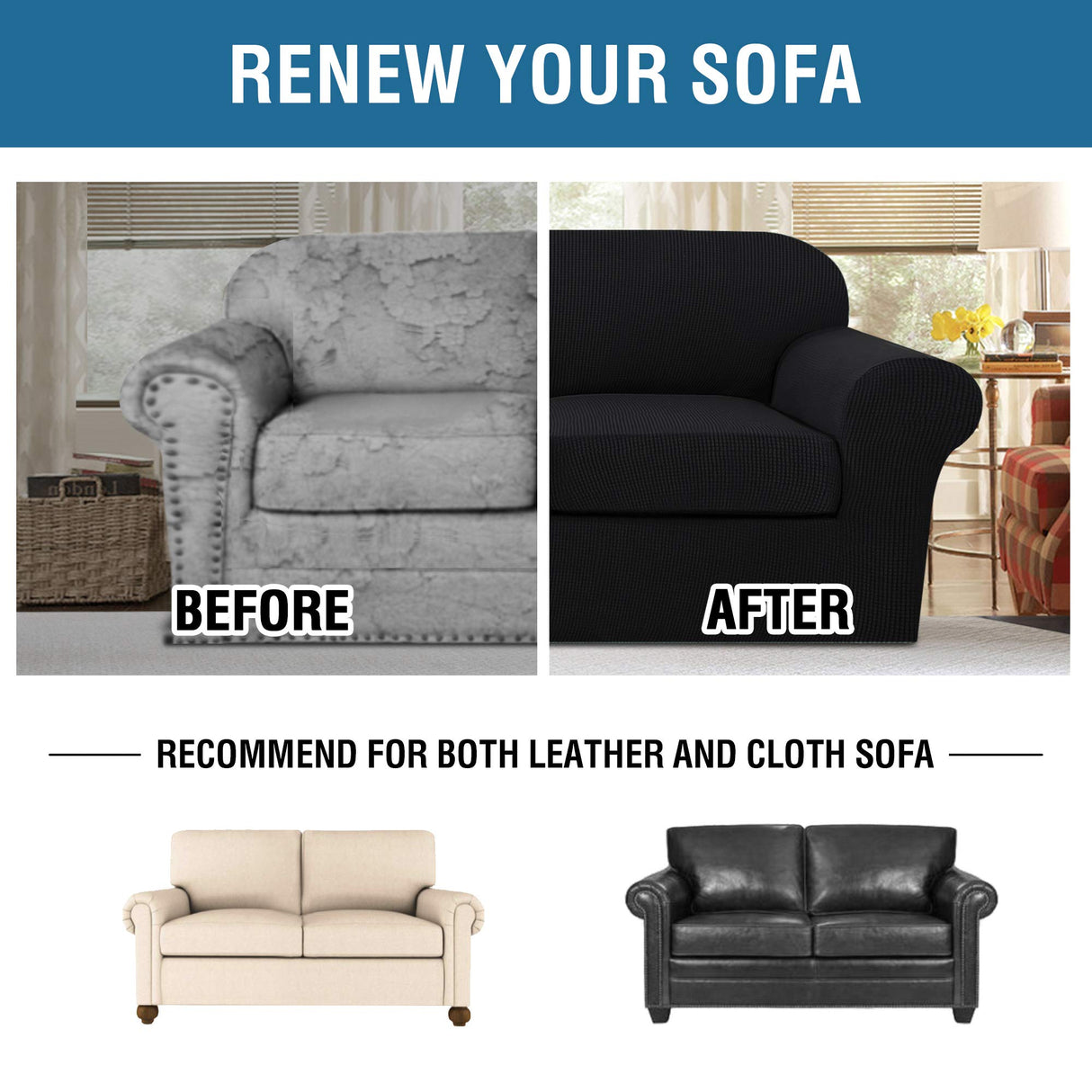 H.VERSAILTEX 3 Piece Stretch Sofa Covers for 2 Cushion Loveseat Couch Covers for Living Room Furniture Cover (Base Cover Plus 2 Seat Cushion Covers) Thicker Jacquard Fabric(Medium Sofa, Black)