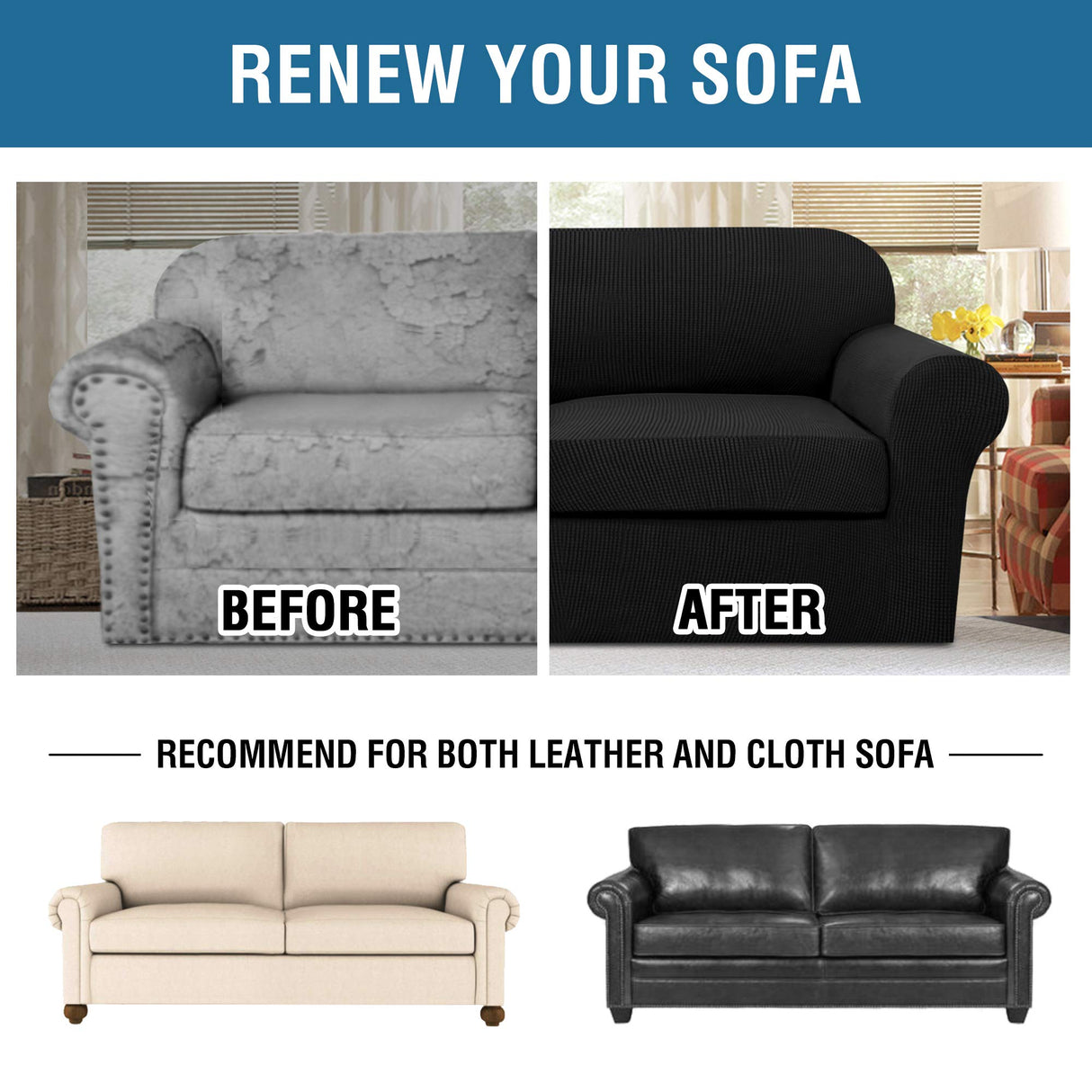 H.VERSAILTEX 3 Piece Stretch Sofa Covers for 2 Cushion Sofa Couch Covers for Living Room Furniture Cover (Base Cover Plus 2 Seat Cushion Covers) Thicker Jacquard Fabric(Large Sofa, Black)