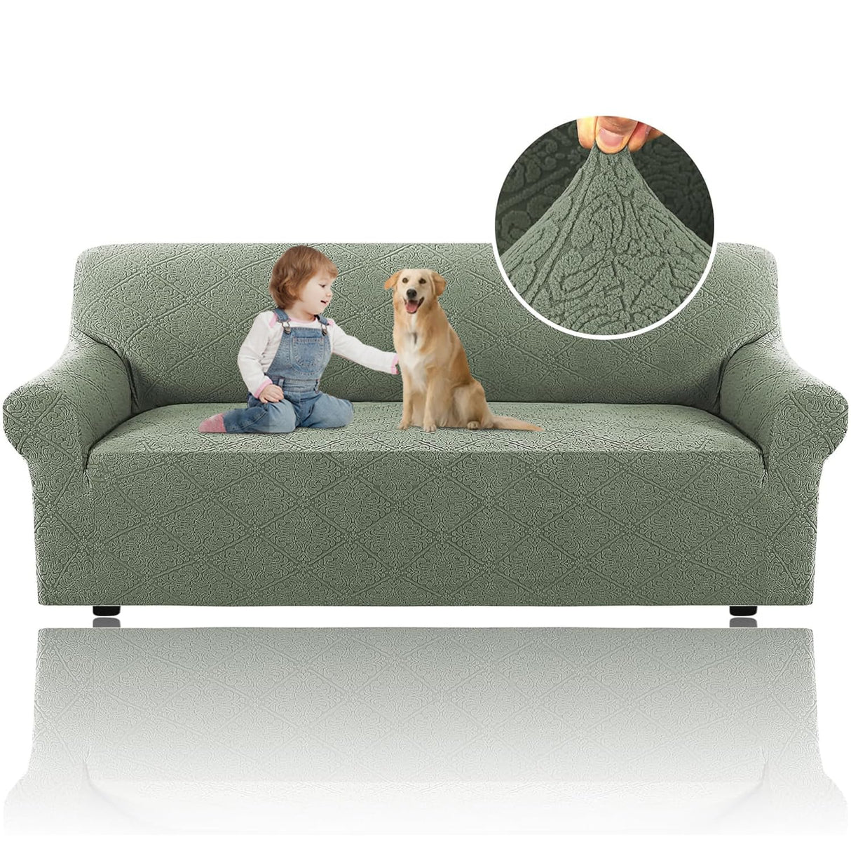 H.VERSAILTEX 2024 Newest Jacquard Couch Covers for 3 Cushion Couch 1 Piece Stretch Sofa Covers Furniture Protector Anti-Slip Soft Thickened Dogs Slipcovers Washable Damask Pattern(Sofa, Sea Grass)