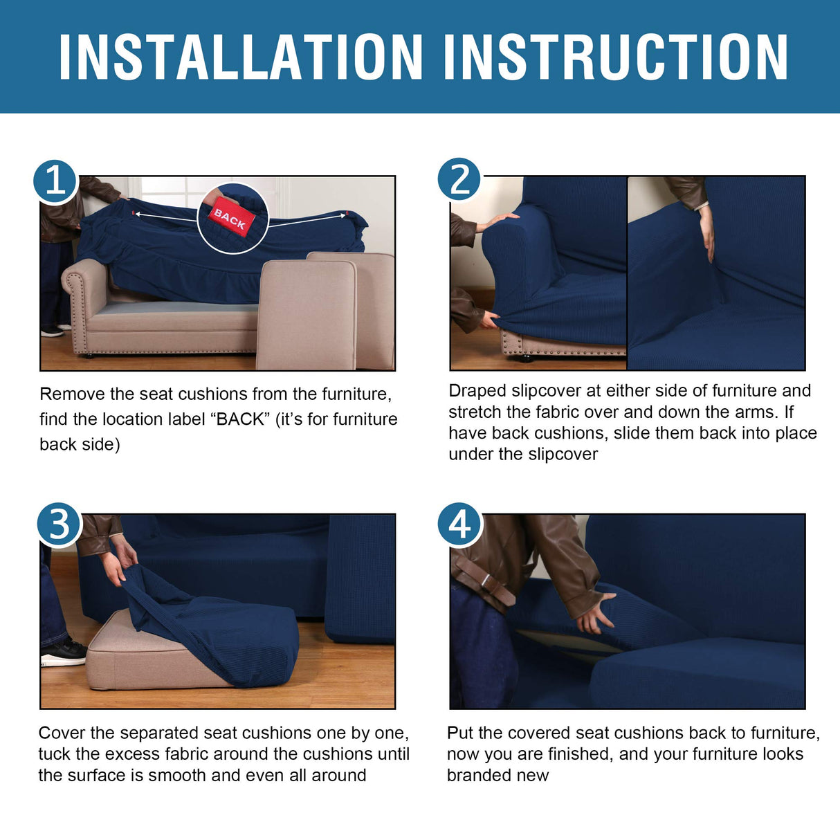 H.VERSAILTEX 3 Piece Stretch Sofa Covers for 2 Cushion Loveseat Couch Covers for Living Room Sofa Slipcovers (Base Cover Plus 2 Seat Cushion Covers) Thicker Jacquard Fabric(Medium Sofa, Navy)