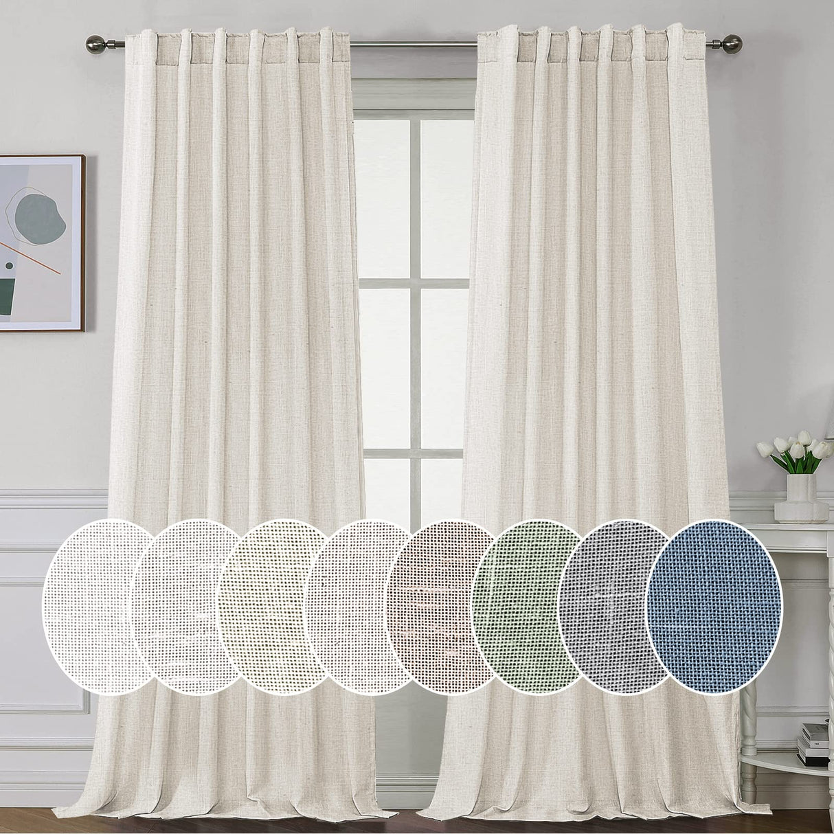 PrimeBeau Natural Linen Curtains 2 Panels Back Tab Loop Pocket Boho Sheer Curtain