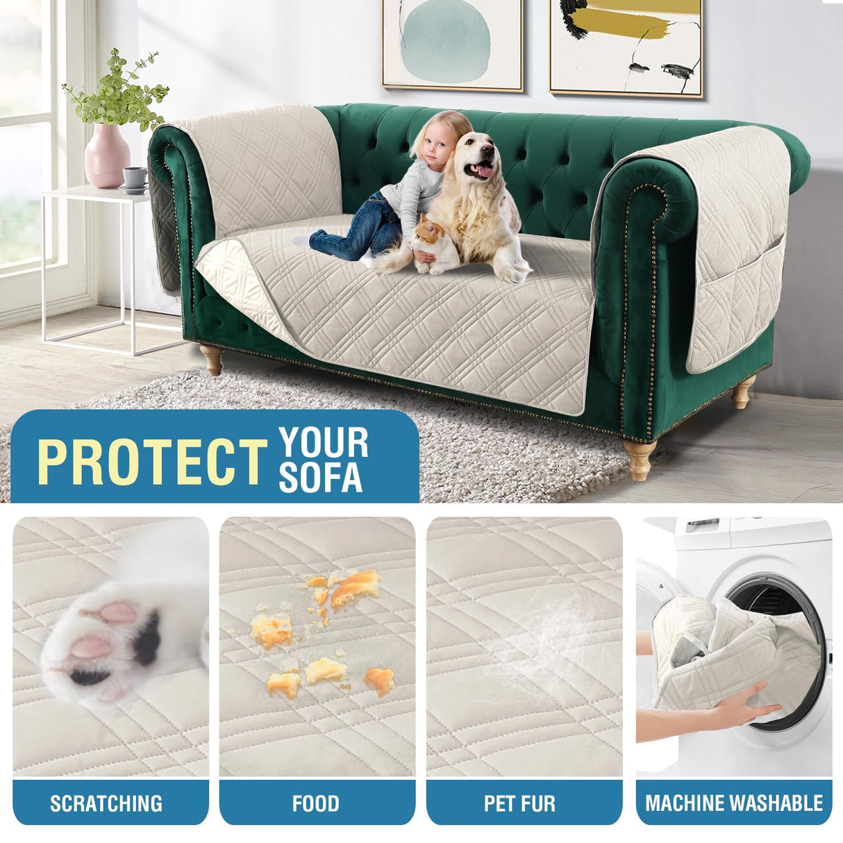 PrimeBeau 100% Waterproof Loveseat Couch Covers Traditional Chesterfield Sofa Covers with Extra Long Armrest Cover Waterproof and Washable Thick Couch Cover for Dogs (1 Piece)