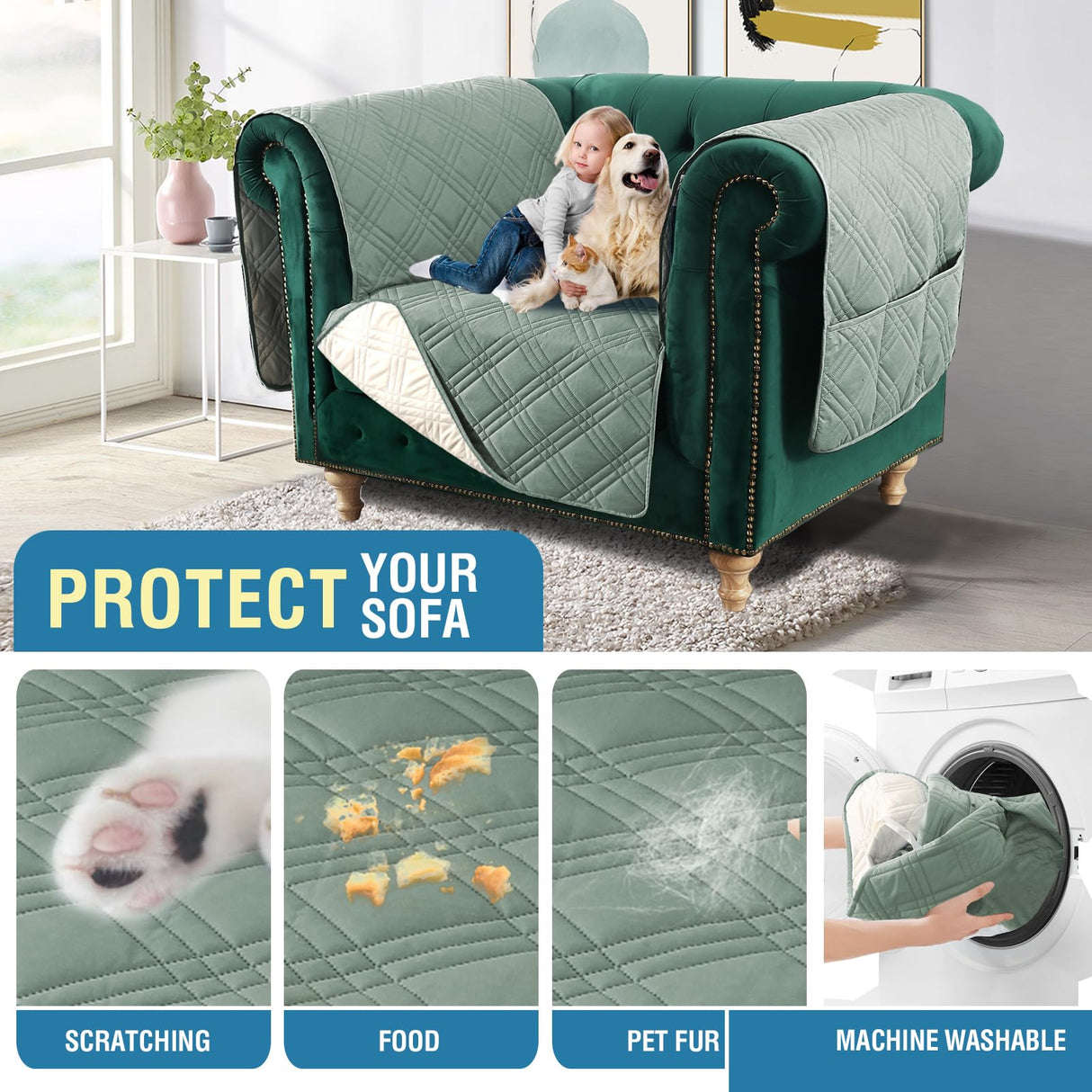 PrimeBeau 100% Waterproof Oversized Armchair Couch Covers Traditional Chesterfield Sofa Covers with Extra Long Armrest Cover Waterproof and Washable Thick Couch Cover for Dogs (1 Piece)