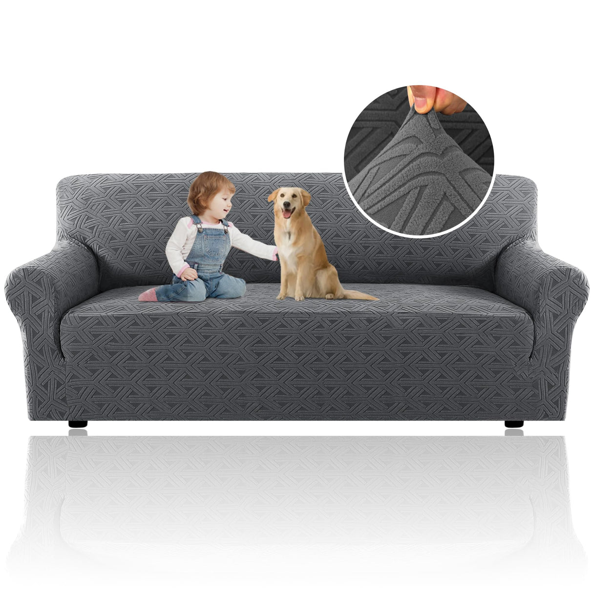 H.VERSAILTEX 2024 Newest Jacquard Couch Covers for 3 Cushion Couch 1 Piece Stretch Sofa Covers Furniture Protector Anti-Slip Soft Thickened Dogs Slipcovers Washable Diamond Pattern(Sofa, Grey)