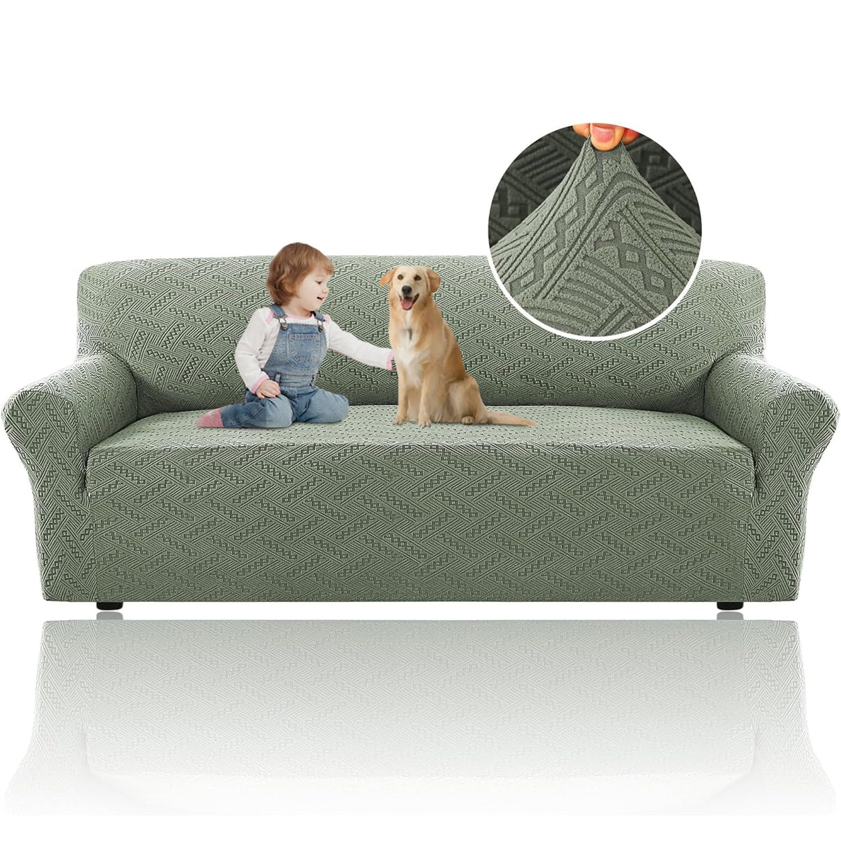 H.VERSAILTEX 2024 Newest Jacquard Couch Covers for 3 Cushion Couch 1 Piece Stretch Sofa Covers Furniture Protector Anti-Slip Soft Thickened Dogs Slipcovers Washable Wind Bell Pattern(Sofa, Sea Grass)