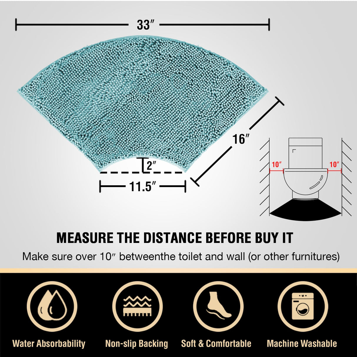 PrimeBeau Curved Bath Mat Luxury Chenille Extra Soft Absorbent Non Slip Quick Dry 16x33 (1 Piece)