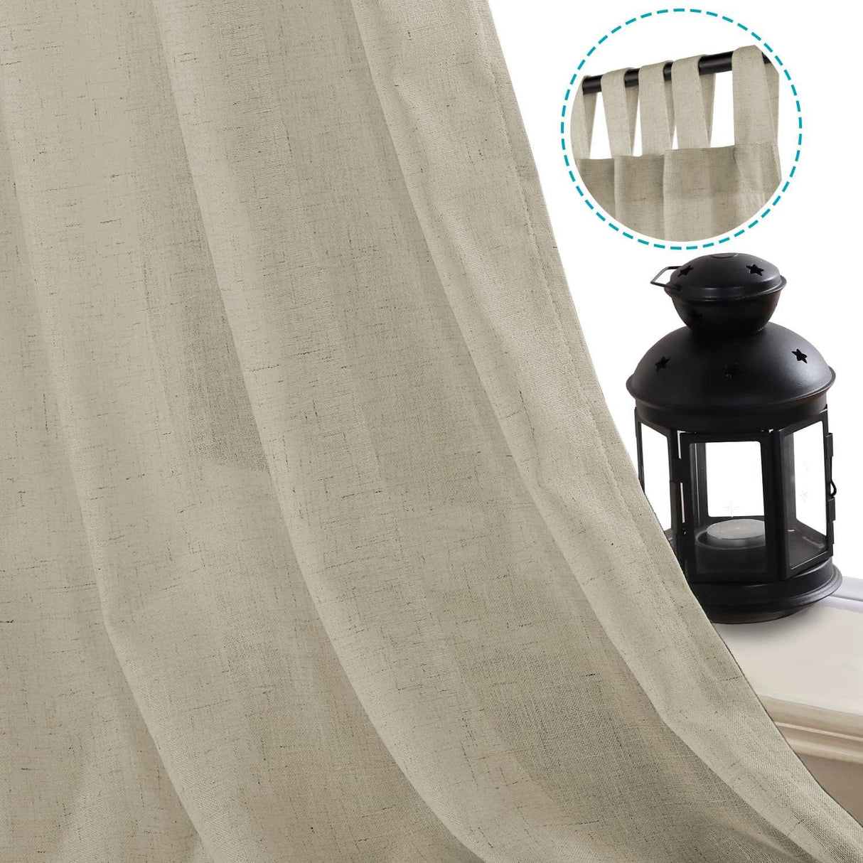 PrimeBeau Natural Linen Mix Tab Top Curtains, Light Filtering Panels (Set of 2)