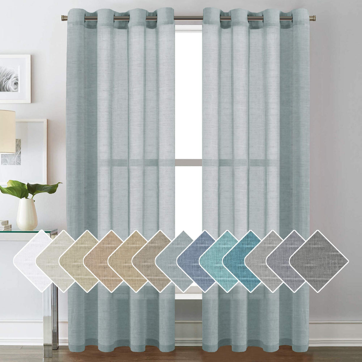 PrimeBeau Faux Linen Grommet Sheer Curtains - Set of 2 Panels 52 Series Long