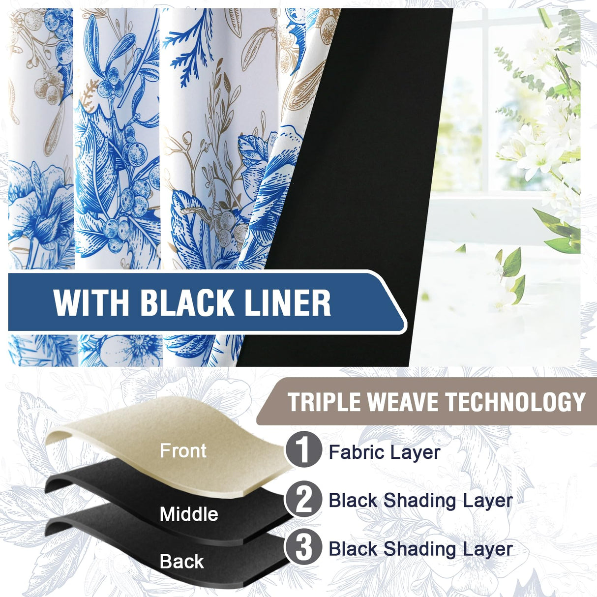 PrimeBeau 100% Blackout Curtains Vintage Floral Printed Drapes (Set of 2 Panels), Blue and Wheat