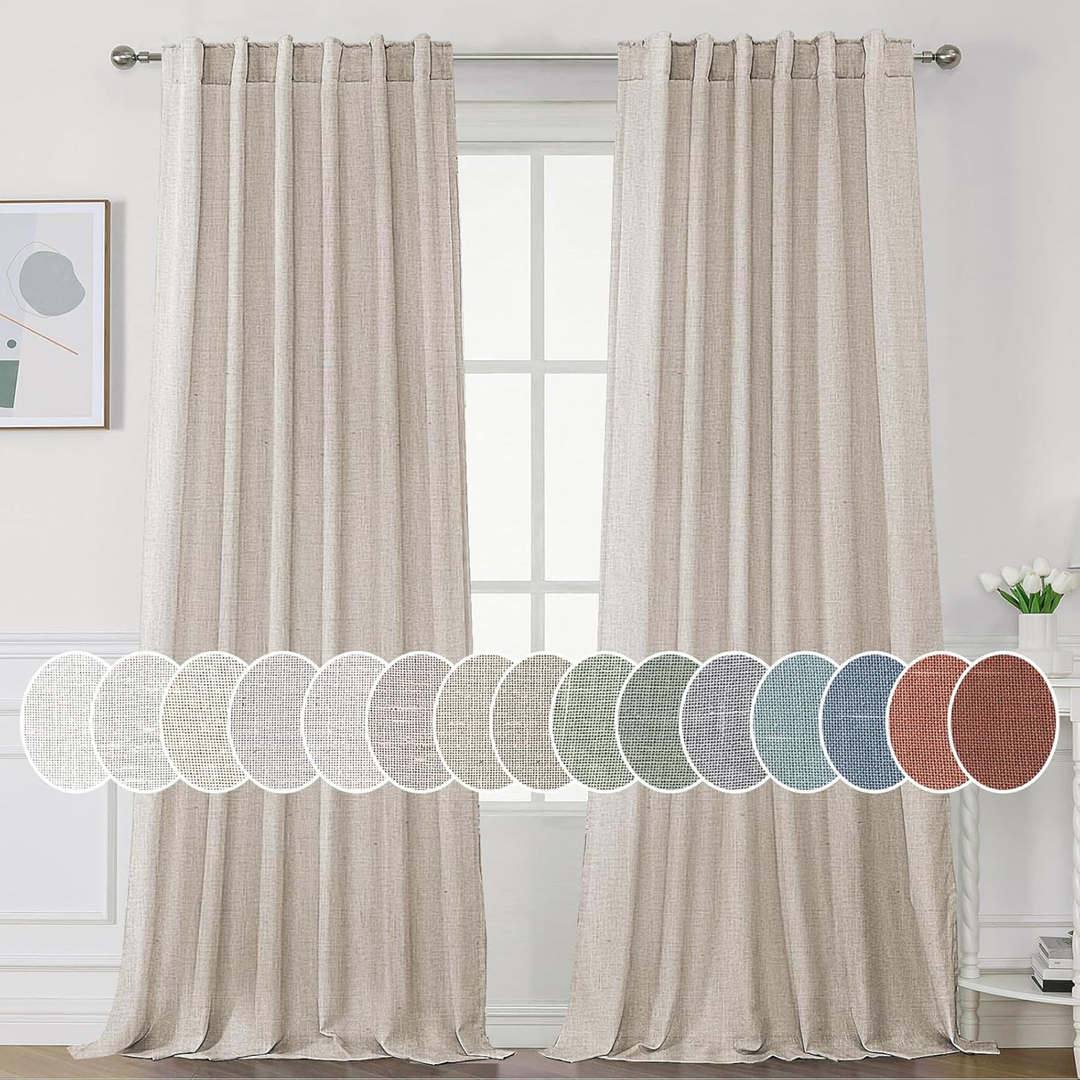 H.Versailtex Natural Linen Tab Loop Pocket Semi Sheer Light Filtering Curtains